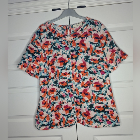 Lark & Ro Tops - Lark & Ro Womens XL Floral Orange Blouse Ruffle Short Sleeve Key Hole Back